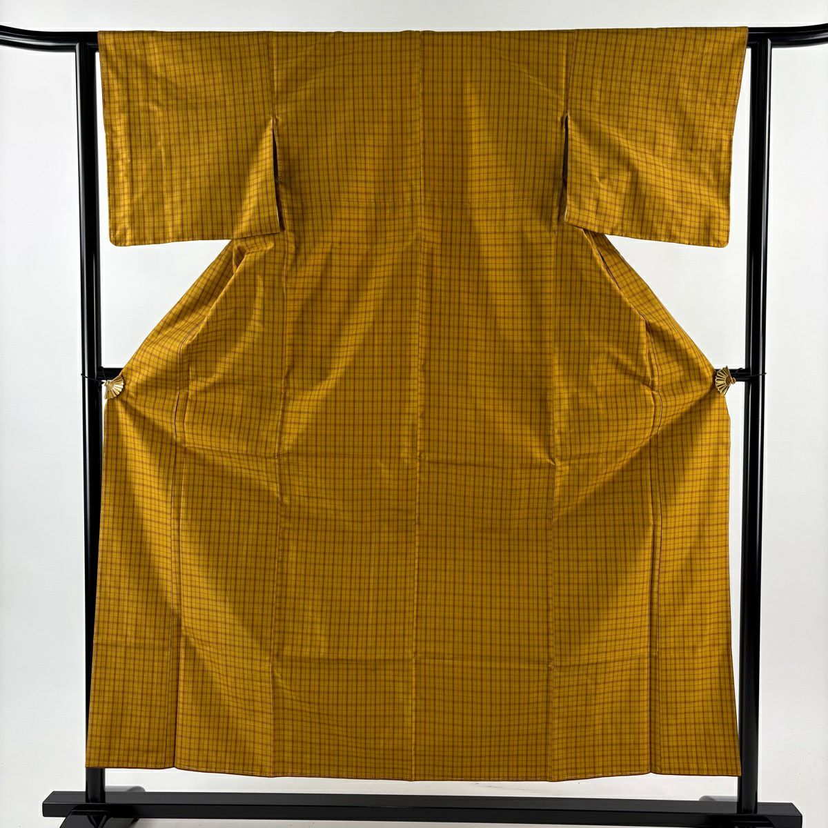 【美品】 紬織 身長155.5cm 袖長62cm S 雙層 黃八丈 證書齊全 格子 黃土色 純蠶絲 逸品級