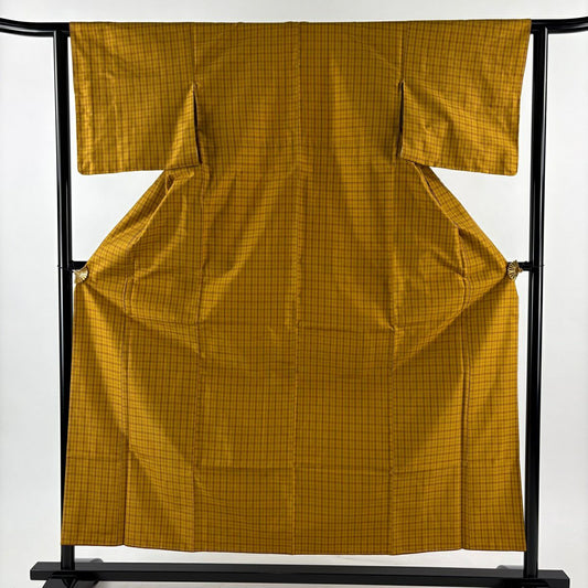 【美品】 紬織 身長155.5cm 袖長62cm S 雙層 黃八丈 證書齊全 格子 黃土色 純蠶絲 逸品級