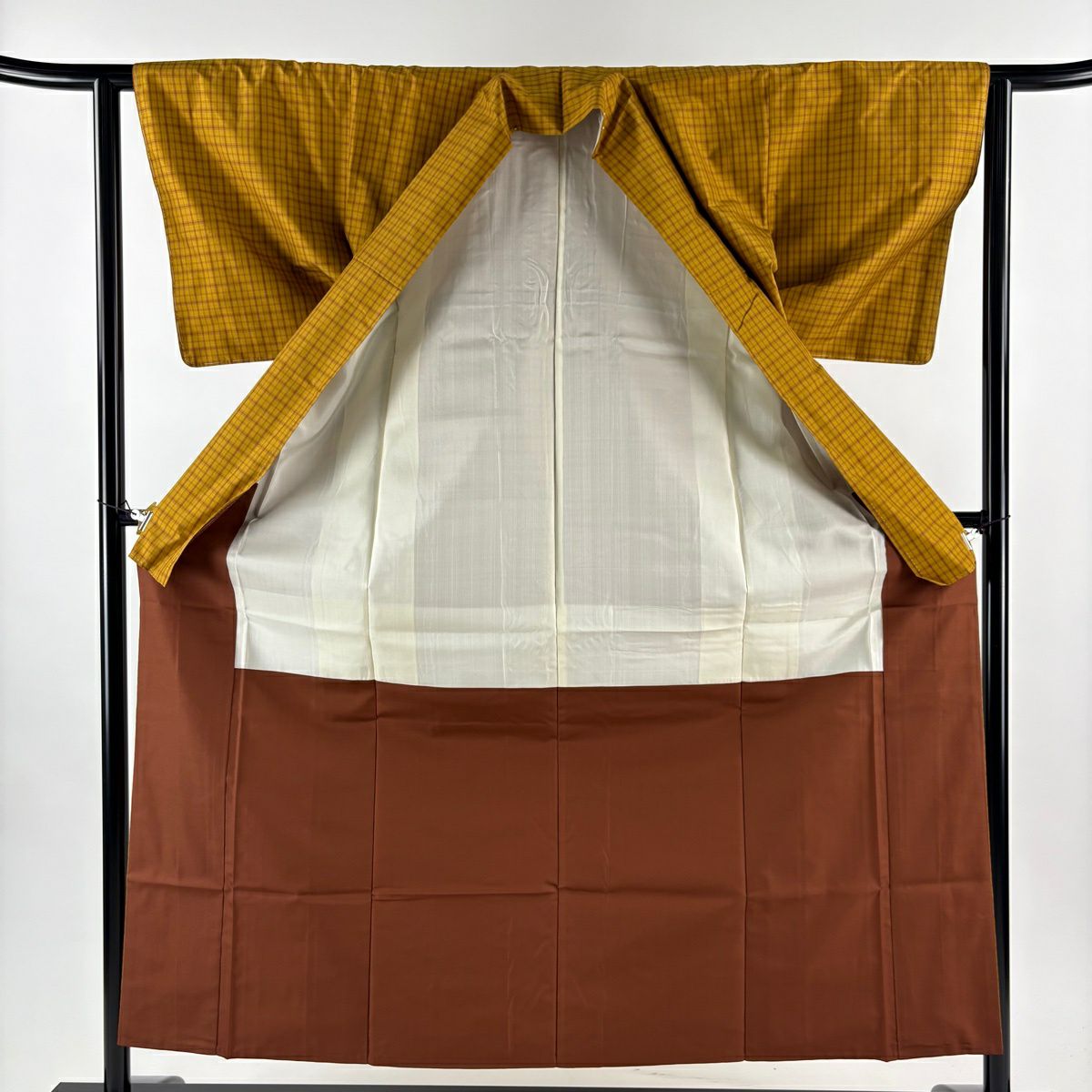 【美品】 紬織 身長155.5cm 袖長62cm S 雙層 黃八丈 證書齊全 格子 黃土色 純蠶絲 逸品級