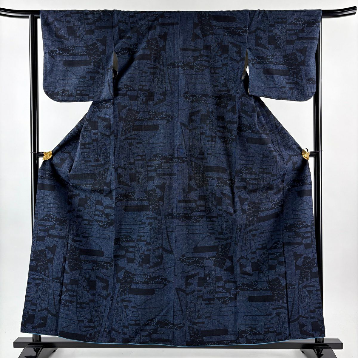 【美品】結城紬織 身長159.5cm 袖長64cm M 雙層 本場結城紬織 證書附 短冊 笹 深藍 純蠶絲 逸品級