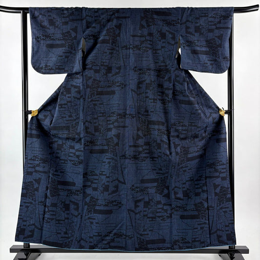 【美品】結城紬織 身長159.5cm 袖長64cm M 雙層 本場結城紬織 證書附 短冊 笹 深藍 純蠶絲 逸品級
