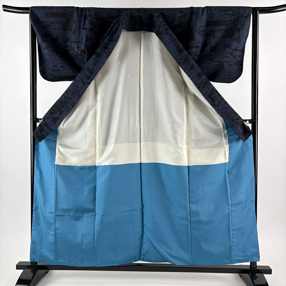 【美品】結城紬織 身長159.5cm 袖長64cm M 雙層 本場結城紬織 證書附 短冊 笹 深藍 純蠶絲 逸品級
