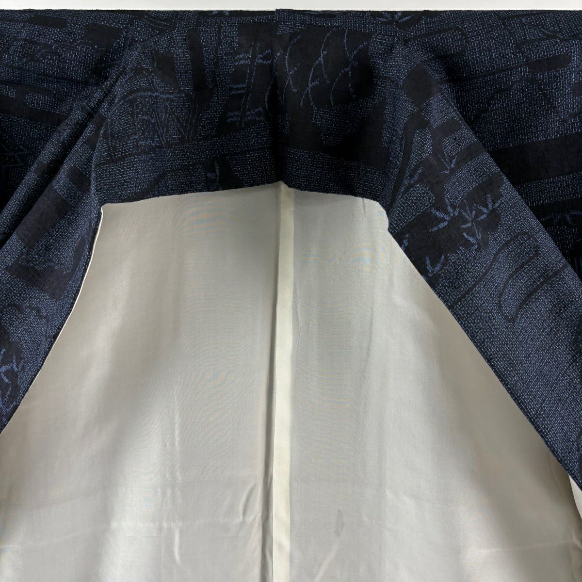 【美品】結城紬織 身長159.5cm 袖長64cm M 雙層 本場結城紬織 證書附 短冊 笹 深藍 純蠶絲 逸品級