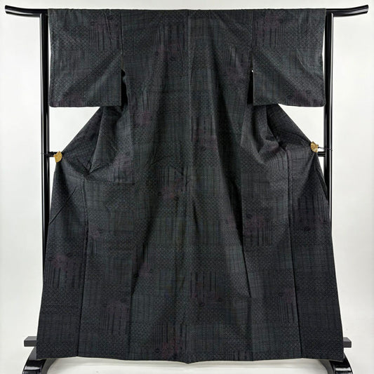 【美品】結城紬織 身長167cm 袖長63cm S 雙層 本場結城紬織 井上商事 證書附帶 草花紋紋 龜甲絣 黑 純蠶絲 逸品級