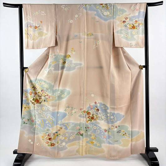 訪問服 身長163cm 袖長64cm M 雙層 千總 有落款 扇子面 草花紋 金絲 金銀彩 粉米色 純蠶絲 逸品級