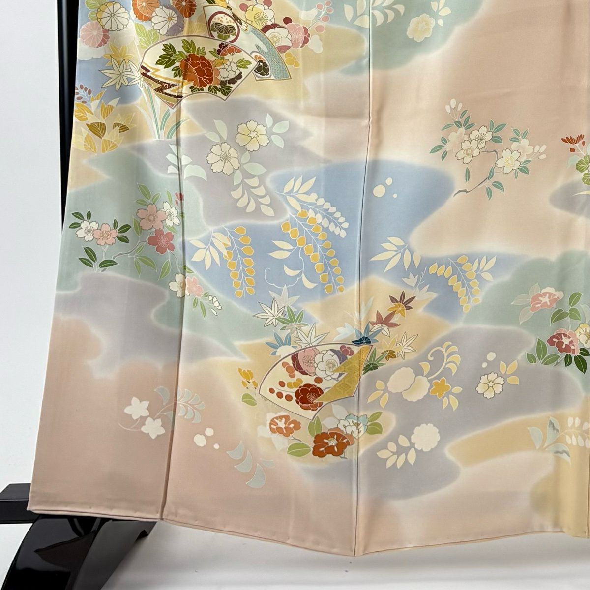 訪問服 身長163cm 袖長64cm M 雙層 千總 有落款 扇子面 草花紋 金絲 金銀彩 粉米色 純蠶絲 逸品級