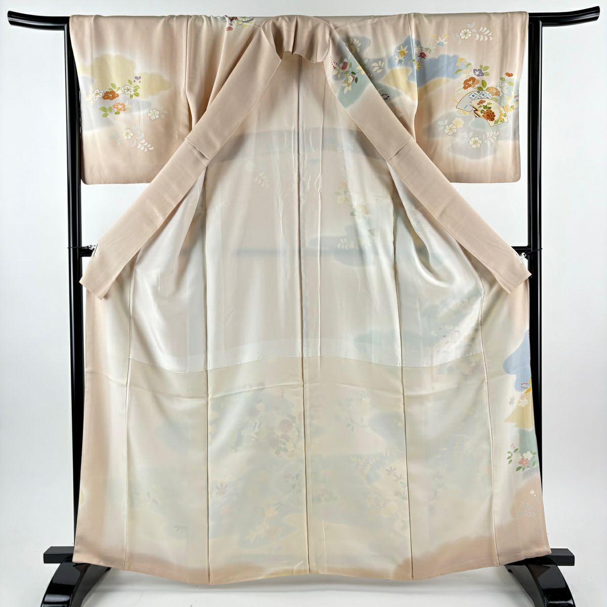 訪問服 身長163cm 袖長64cm M 雙層 千總 有落款 扇子面 草花紋 金絲 金銀彩 粉米色 純蠶絲 逸品級