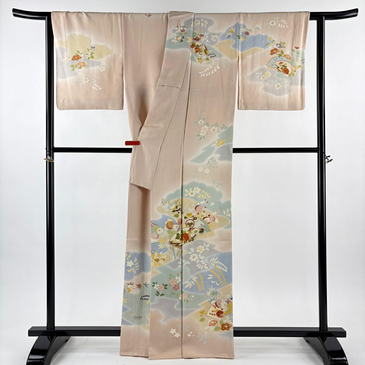 訪問服 身長163cm 袖長64cm M 雙層 千總 有落款 扇子面 草花紋 金絲 金銀彩 粉米色 純蠶絲 逸品級