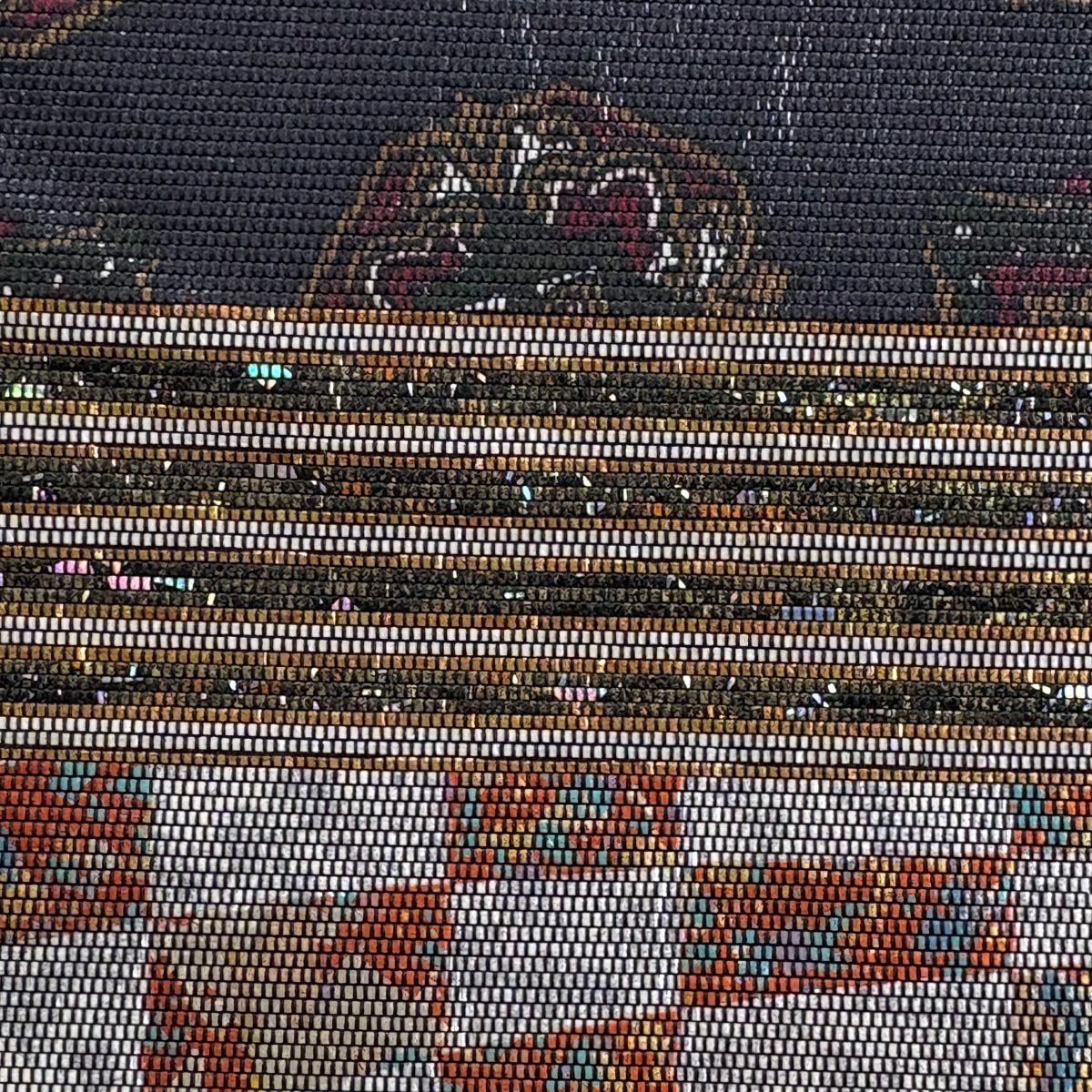 【美品】 袋帶 名品級 幾何圖案 條紋 金金箔 黑色 大鼓圖案 純蠶絲