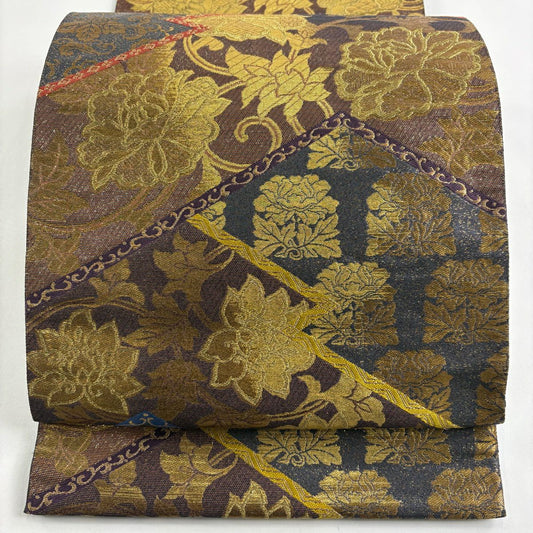 【美品】 袋帶 名品級 じゅらく 落款あり 花唐草紋 蜀江文 金金箔 金絲 茶紫 六通 純蠶絲