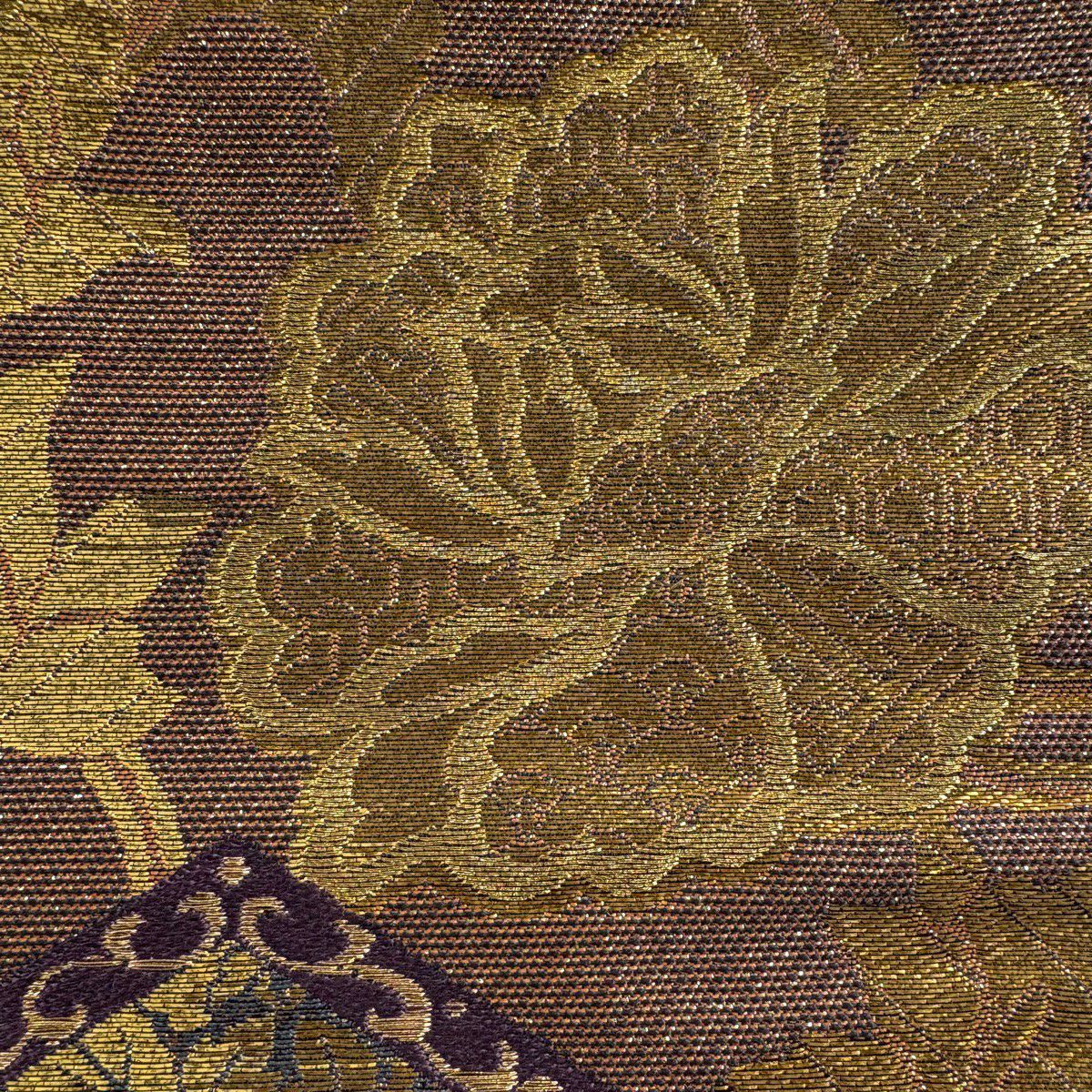 【美品】 袋帶 名品級 じゅらく 落款あり 花唐草紋 蜀江文 金金箔 金絲 茶紫 六通 純蠶絲