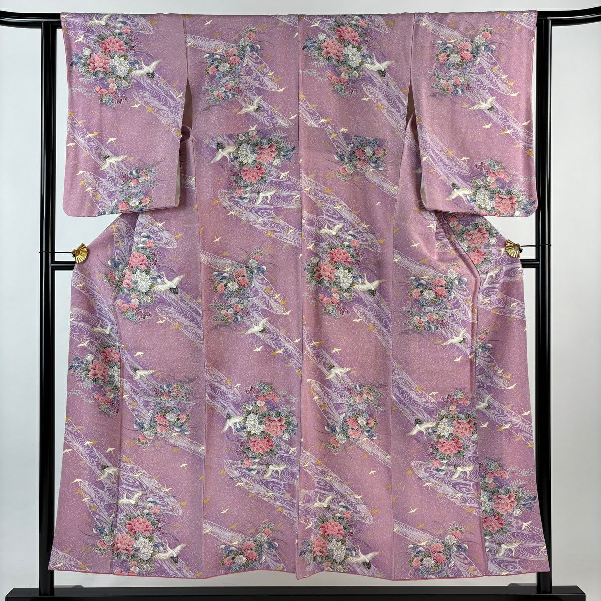 小紋 身長151.5cm 袖長62cm S 雙層 仙鶴 草花紋 金彩裝飾 薄紫 純蠶絲 優品級