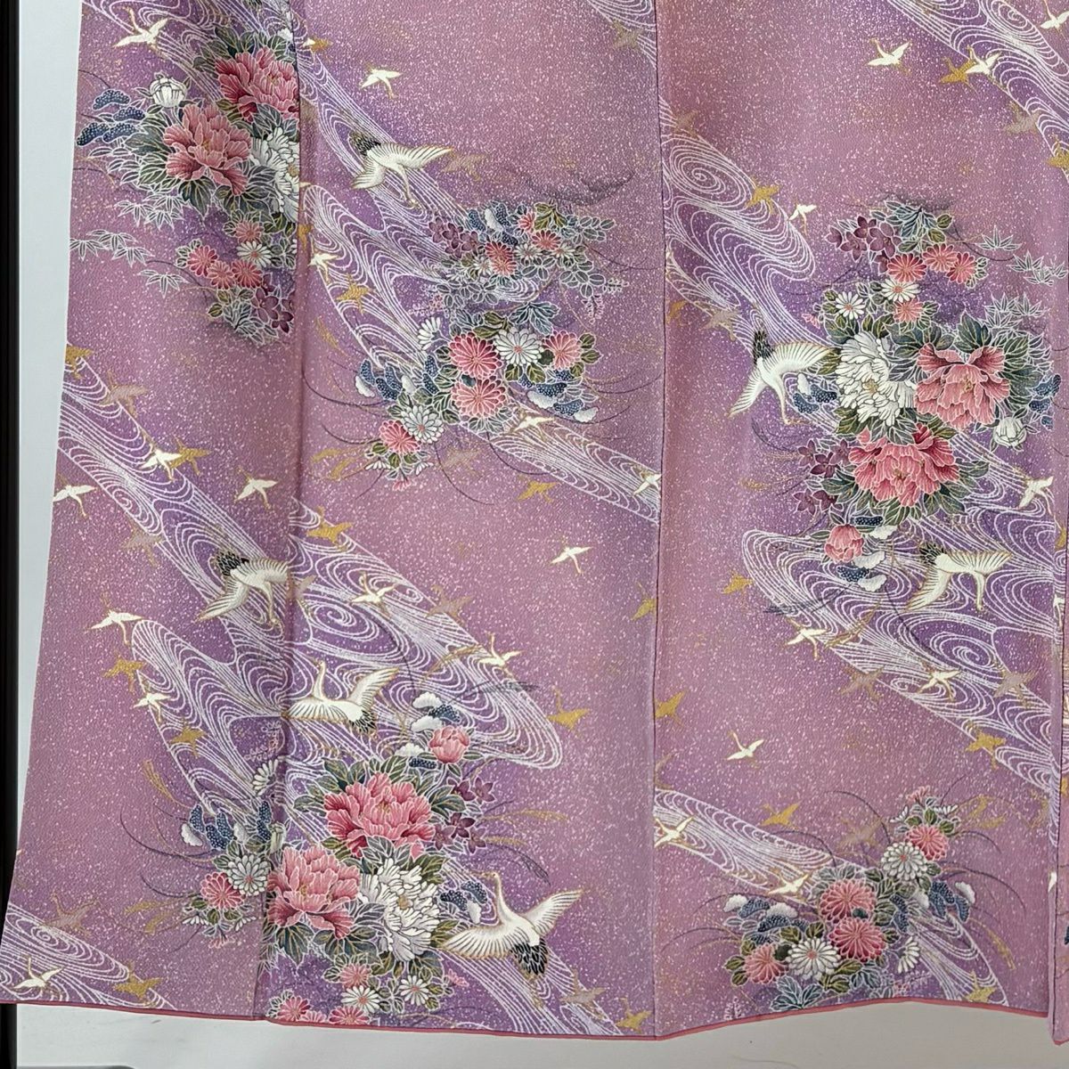 小紋 身長151.5cm 袖長62cm S 雙層 仙鶴 草花紋 金彩裝飾 薄紫 純蠶絲 優品級