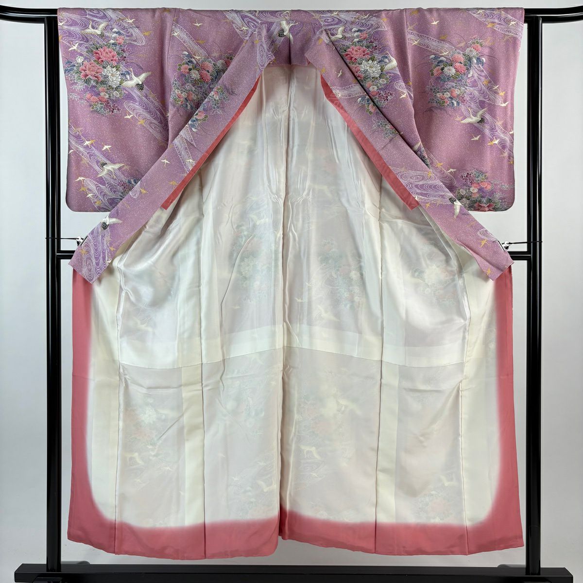 小紋 身長151.5cm 袖長62cm S 雙層 仙鶴 草花紋 金彩裝飾 薄紫 純蠶絲 優品級