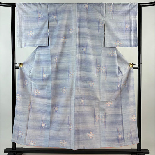 【美品】 紬織 身長153cm 袖長63cm S 雙層 條紋 幾何學 薄紫 純蠶絲 優品級