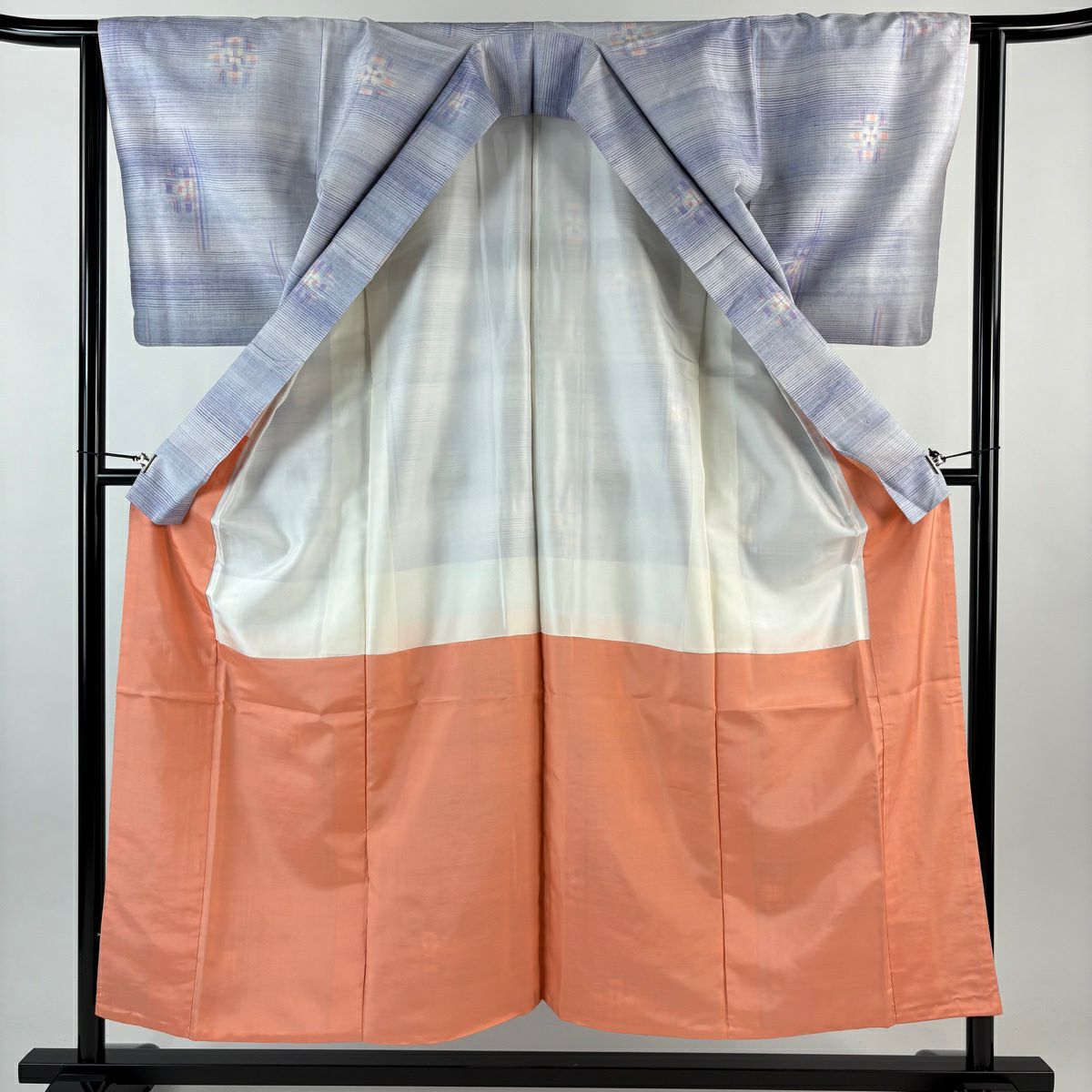 【美品】 紬織 身長153cm 袖長63cm S 雙層 條紋 幾何學 薄紫 純蠶絲 優品級