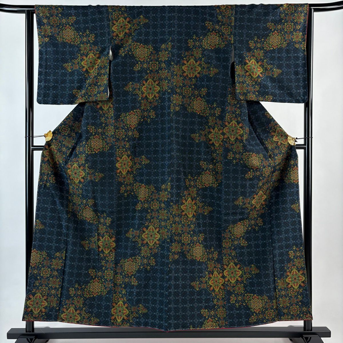 【美品】 紬織 身長156cm 袖長63cm S 雙層 蜀江文 華紋 深藍 純蠶絲 優品級