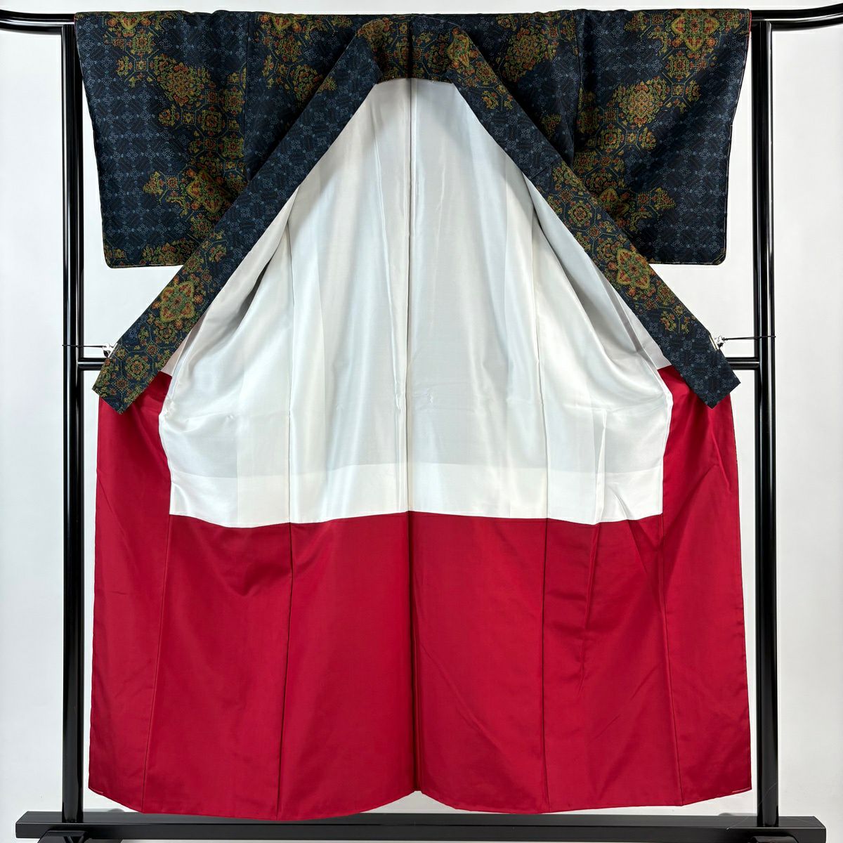 【美品】 紬織 身長156cm 袖長63cm S 雙層 蜀江文 華紋 深藍 純蠶絲 優品級