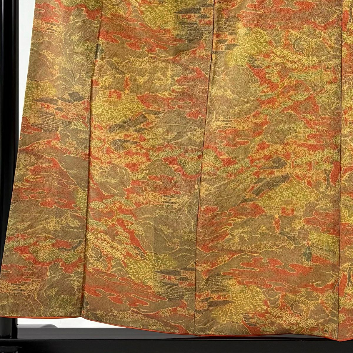 【美品】 小紋 身長158cm 袖長62cm S 雙層 本場奄美小紋 建物 樹木 朱 純蠶絲 優品級