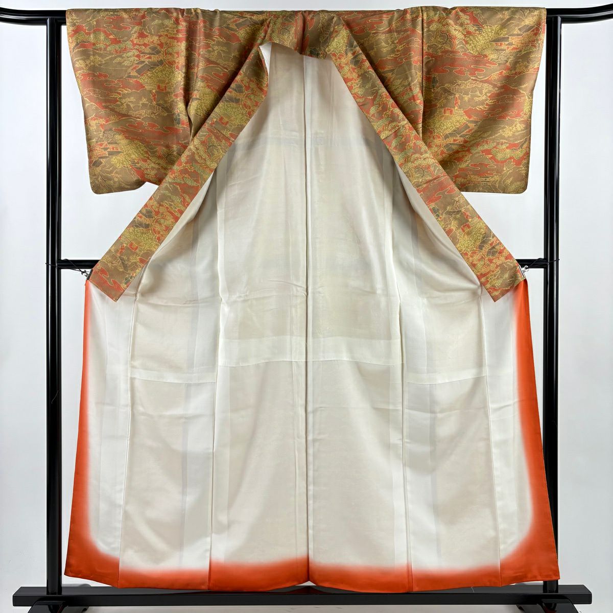 【美品】 小紋 身長158cm 袖長62cm S 雙層 本場奄美小紋 建物 樹木 朱 純蠶絲 優品級
