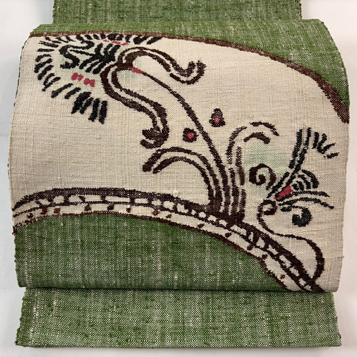 【美品】 名古屋帶 優品級 八寸名古屋帶 隧道仕立 草花紋 よもぎ色 純蠶絲