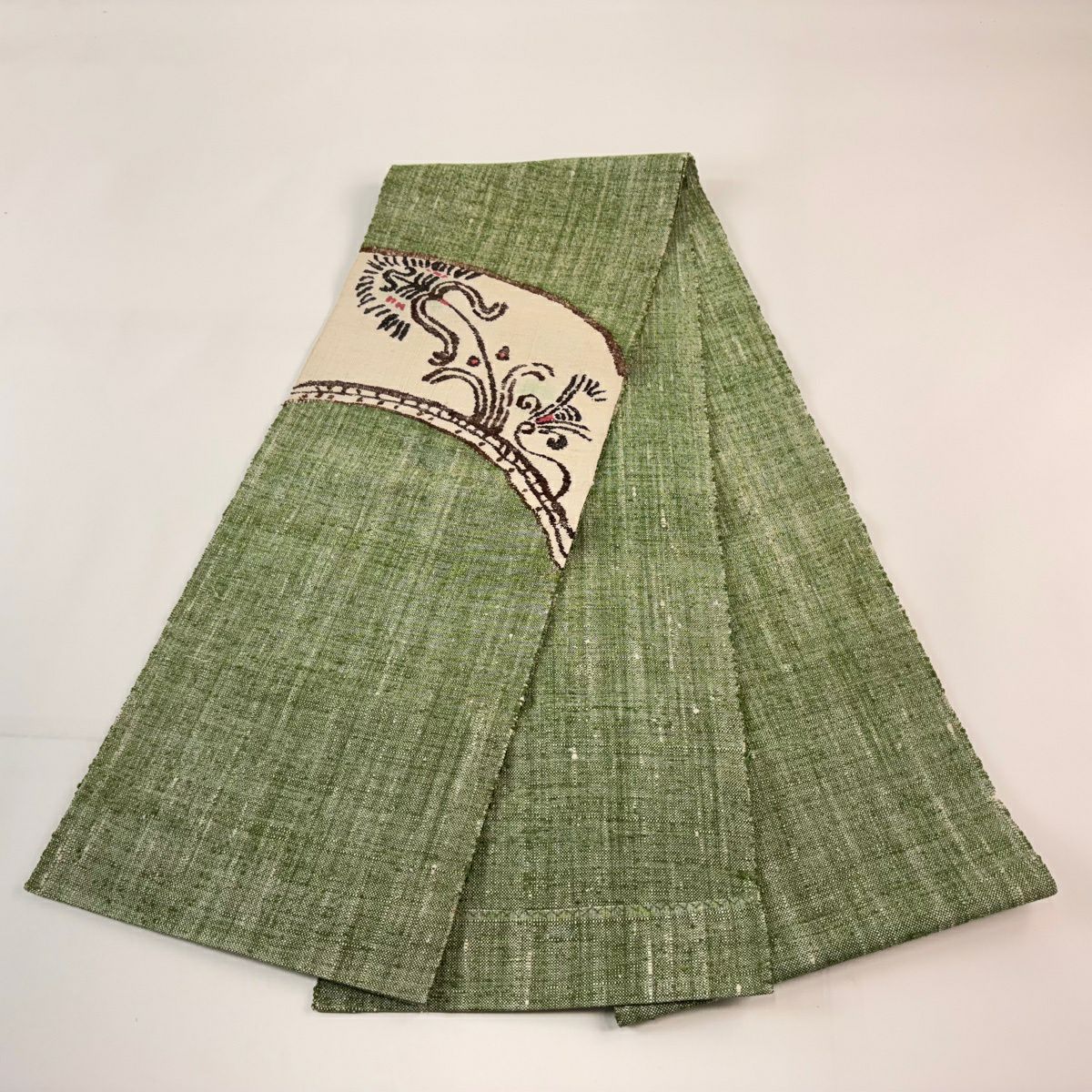 【美品】 名古屋帶 優品級 八寸名古屋帶 隧道仕立 草花紋 よもぎ色 純蠶絲