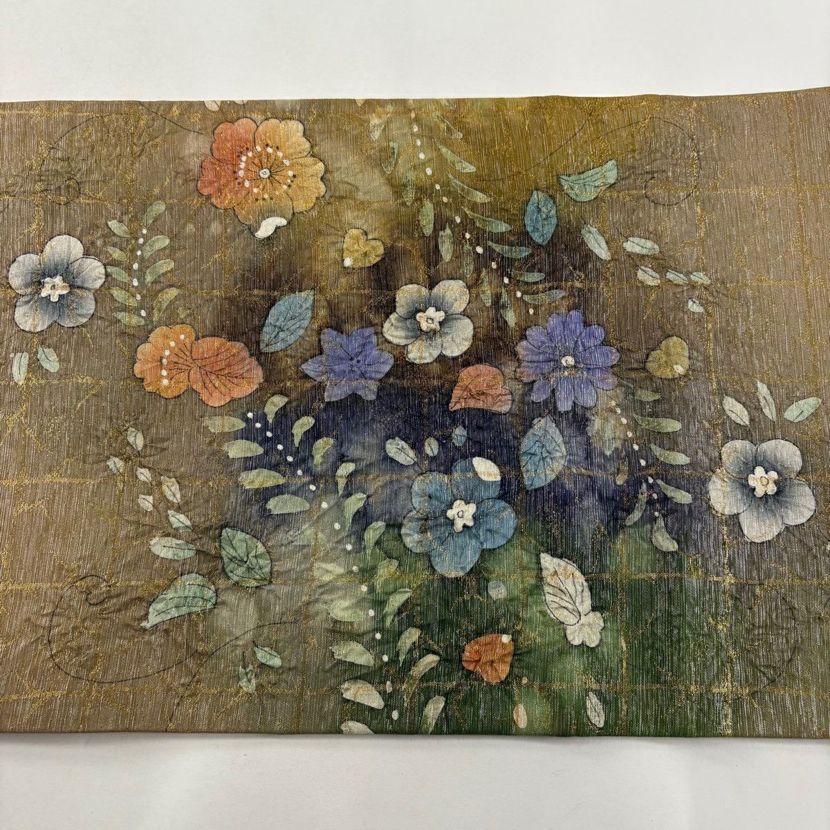 【美品】 袋帶 名品級 草花紋 格子 金金箔 淺茶 純蠶絲