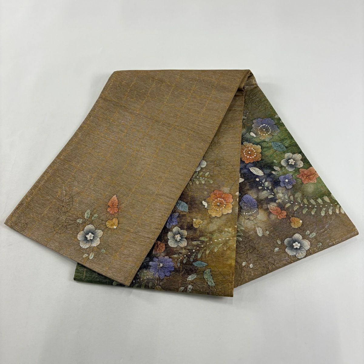 【美品】 袋帶 名品級 草花紋 格子 金金箔 淺茶 純蠶絲