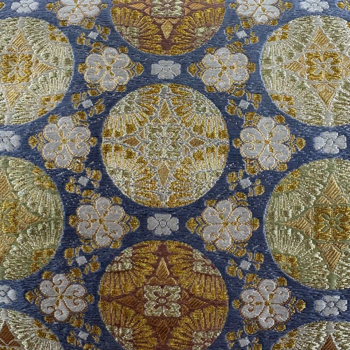 【美品】 袋帶 名品級 浮線綾紋 金銀絲 青灰 深藍色 六通 純蠶絲