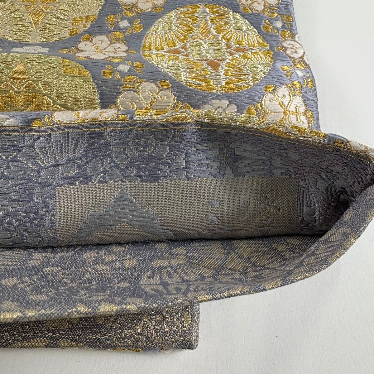 【美品】 袋帶 名品級 浮線綾紋 金銀絲 青灰 深藍色 六通 純蠶絲