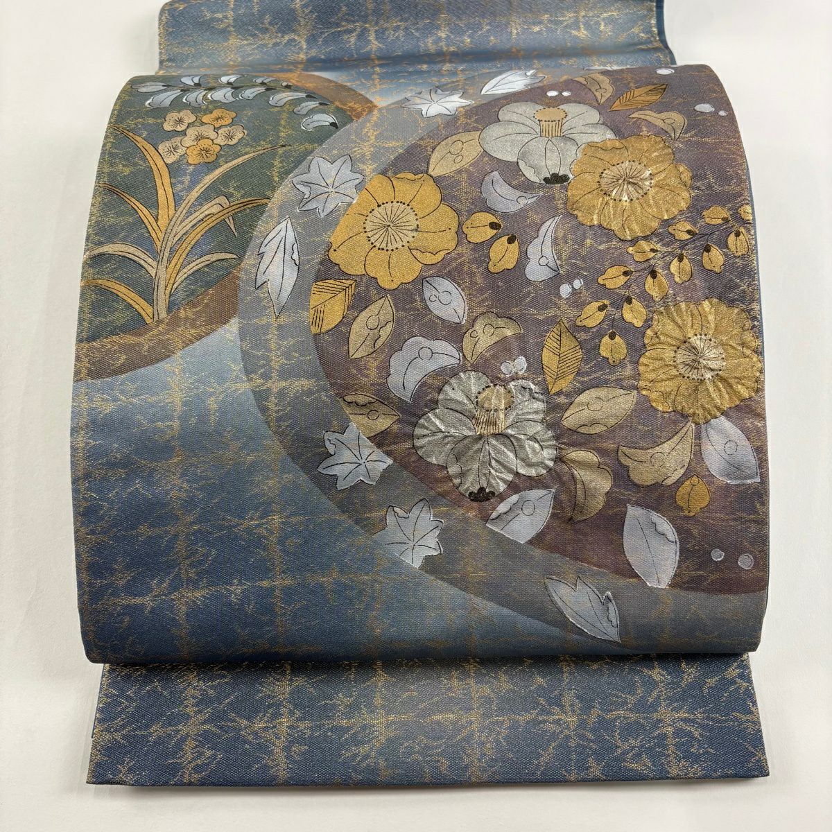 【美品】 袋帶 名品級 椿 辻花染圖案 金金箔 銀通過 深灰藍色 大鼓圖案 純蠶絲