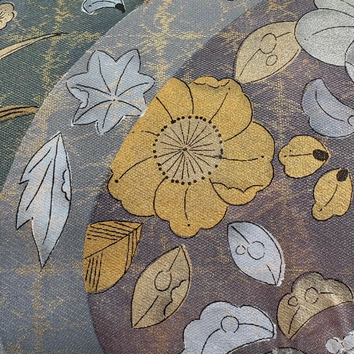 【美品】 袋帶 名品級 椿 辻花染圖案 金金箔 銀通過 深灰藍色 大鼓圖案 純蠶絲