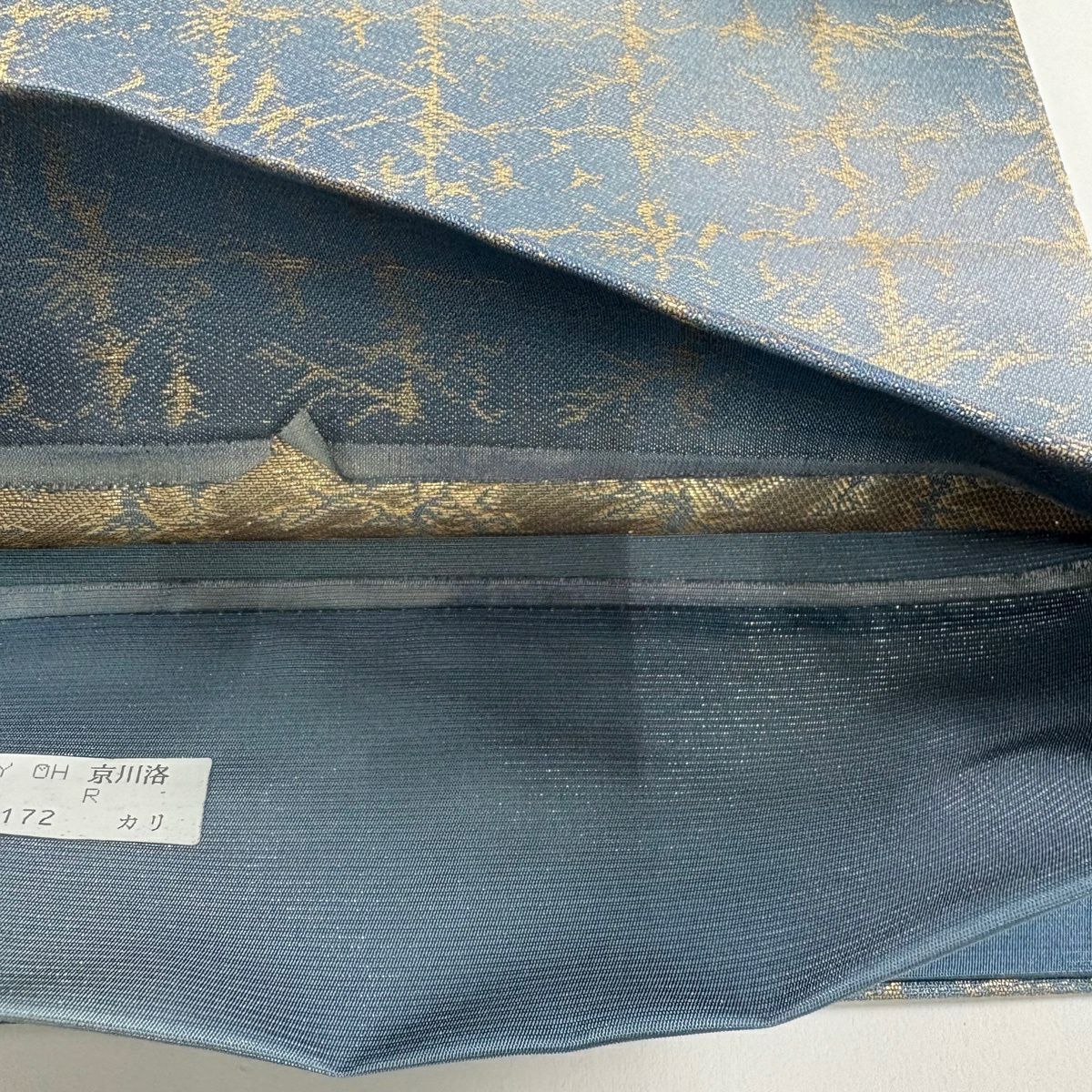 【美品】 袋帶 名品級 椿 辻花染圖案 金金箔 銀通過 深灰藍色 大鼓圖案 純蠶絲