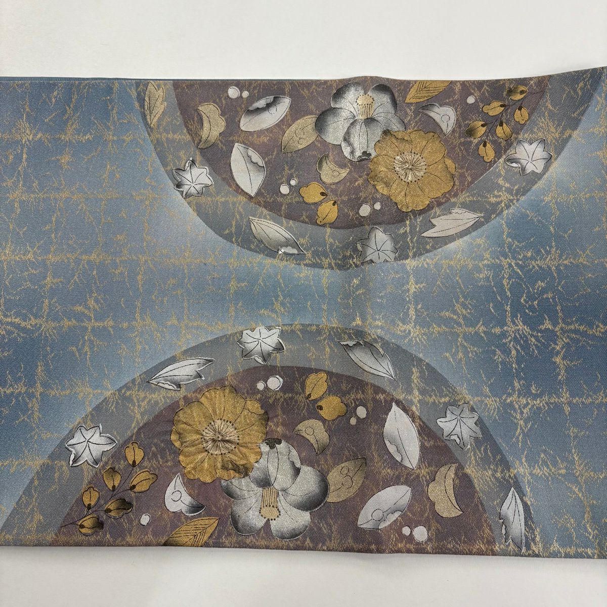 【美品】 袋帶 名品級 椿 辻花染圖案 金金箔 銀通過 深灰藍色 大鼓圖案 純蠶絲