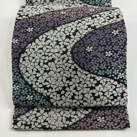 【美品】 袋帶 名品級 振袖禮服禮服用 櫻花 流水 金金箔 黑 六通 純蠶絲
