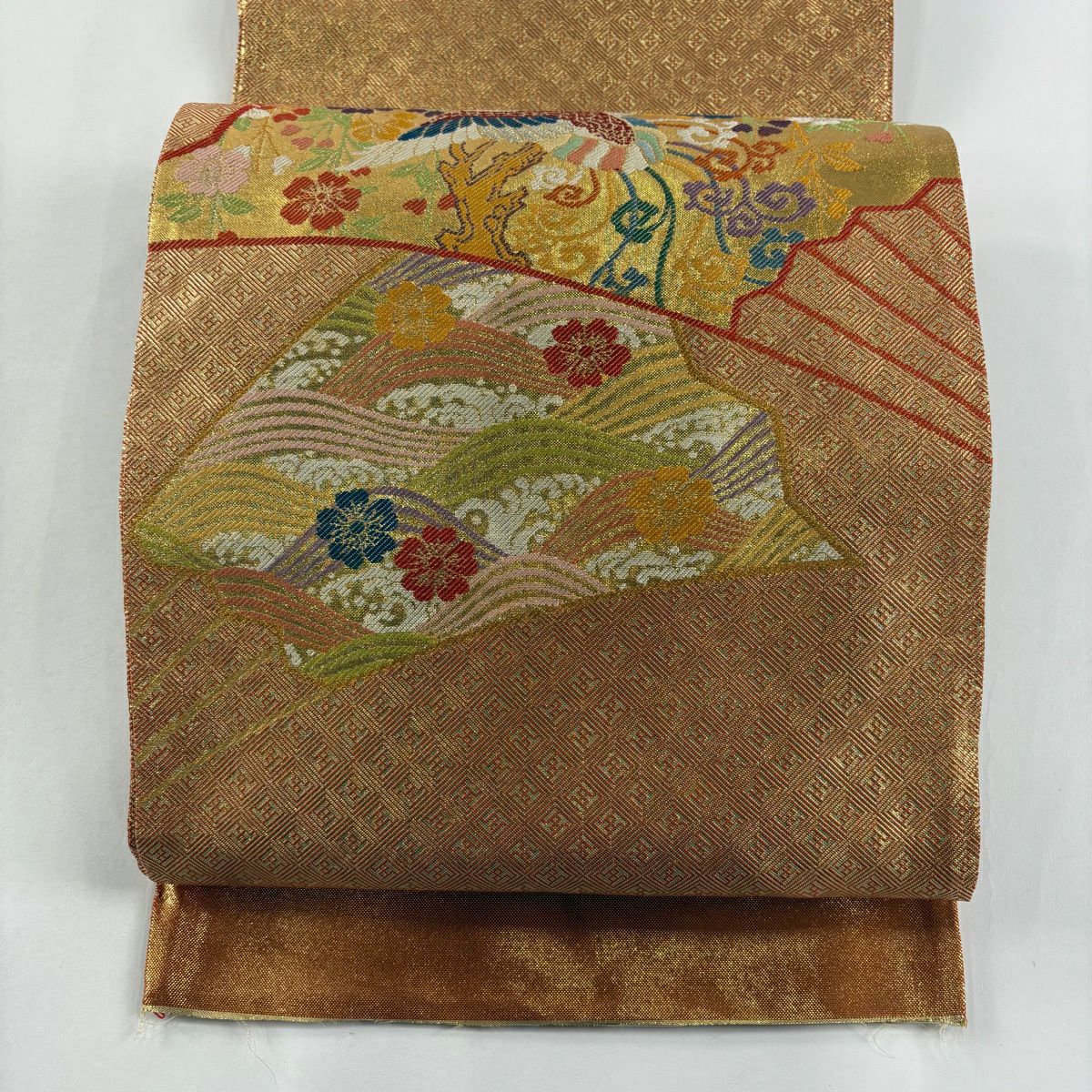 【美品】 袋帶 名品級 落款あり 證書あり 北尾織物 花鳥 扇子 金金箔 金色 大鼓圖案 純蠶絲