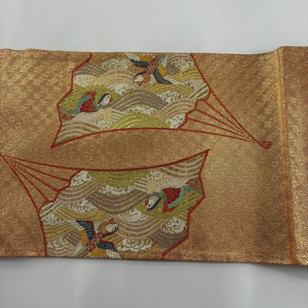 【美品】 袋帶 名品級 落款あり 證書あり 北尾織物 花鳥 扇子 金金箔 金色 大鼓圖案 純蠶絲