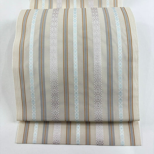 【美品】 名古屋帶 名品級 夏帶 八寸名古屋帶 松樹葉仕立 献上圖案 條紋 米色 純蠶絲