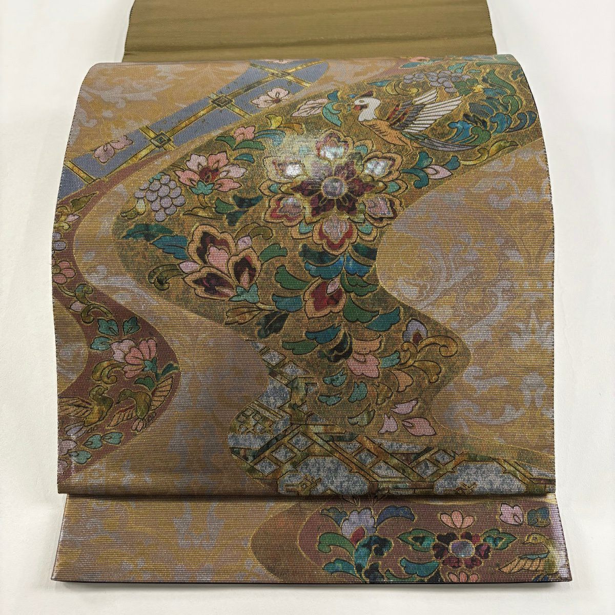 袋帶 名品級 華紋 花喰鳥 螺鈿金金箔 茶綠 お太鼓柄 純蠶絲