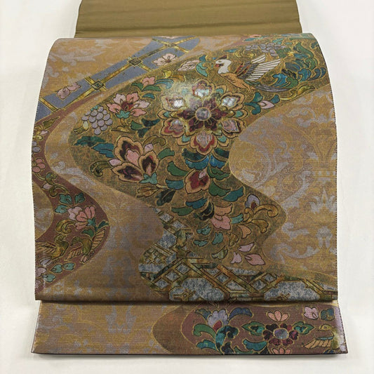 袋帶 名品級 華紋 花喰鳥 螺鈿金金箔 茶綠 お太鼓柄 純蠶絲