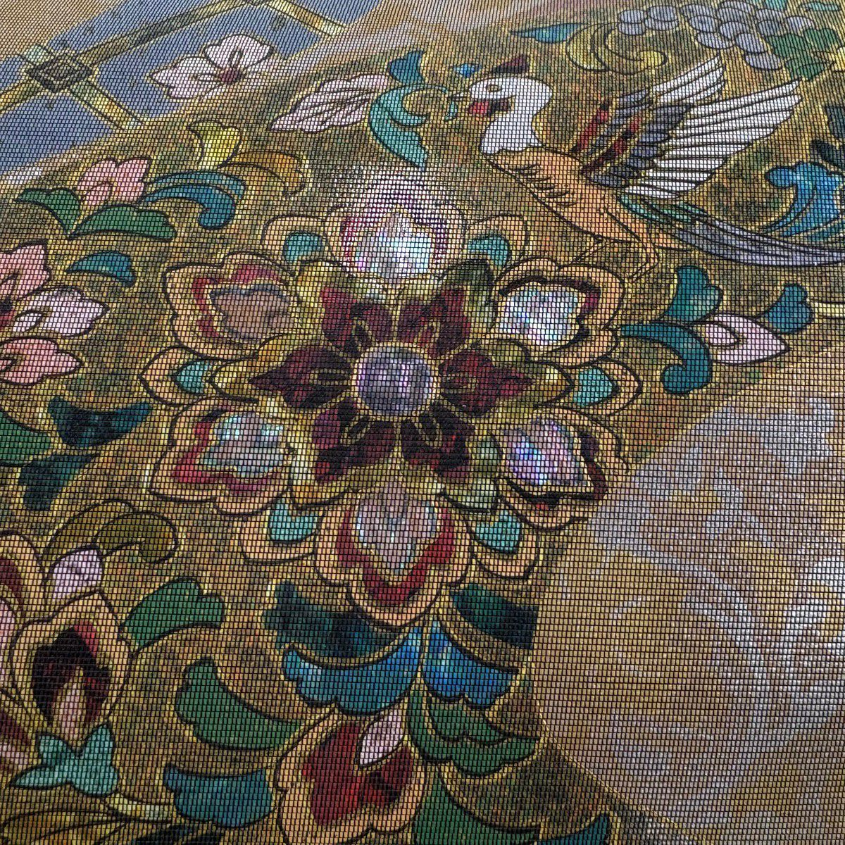 袋帶 名品級 華紋 花喰鳥 螺鈿金金箔 茶綠 お太鼓柄 純蠶絲