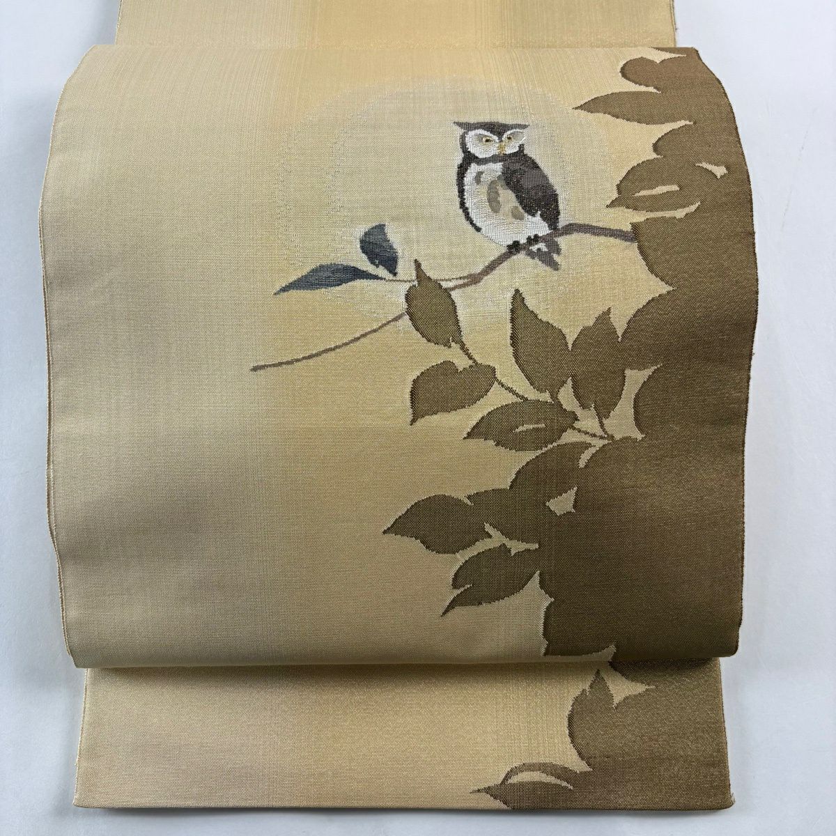 【美品】 袋帶 名品級 貓頭鷹 枝葉 金通 金絲 山吹色 大鼓圖案 純蠶絲