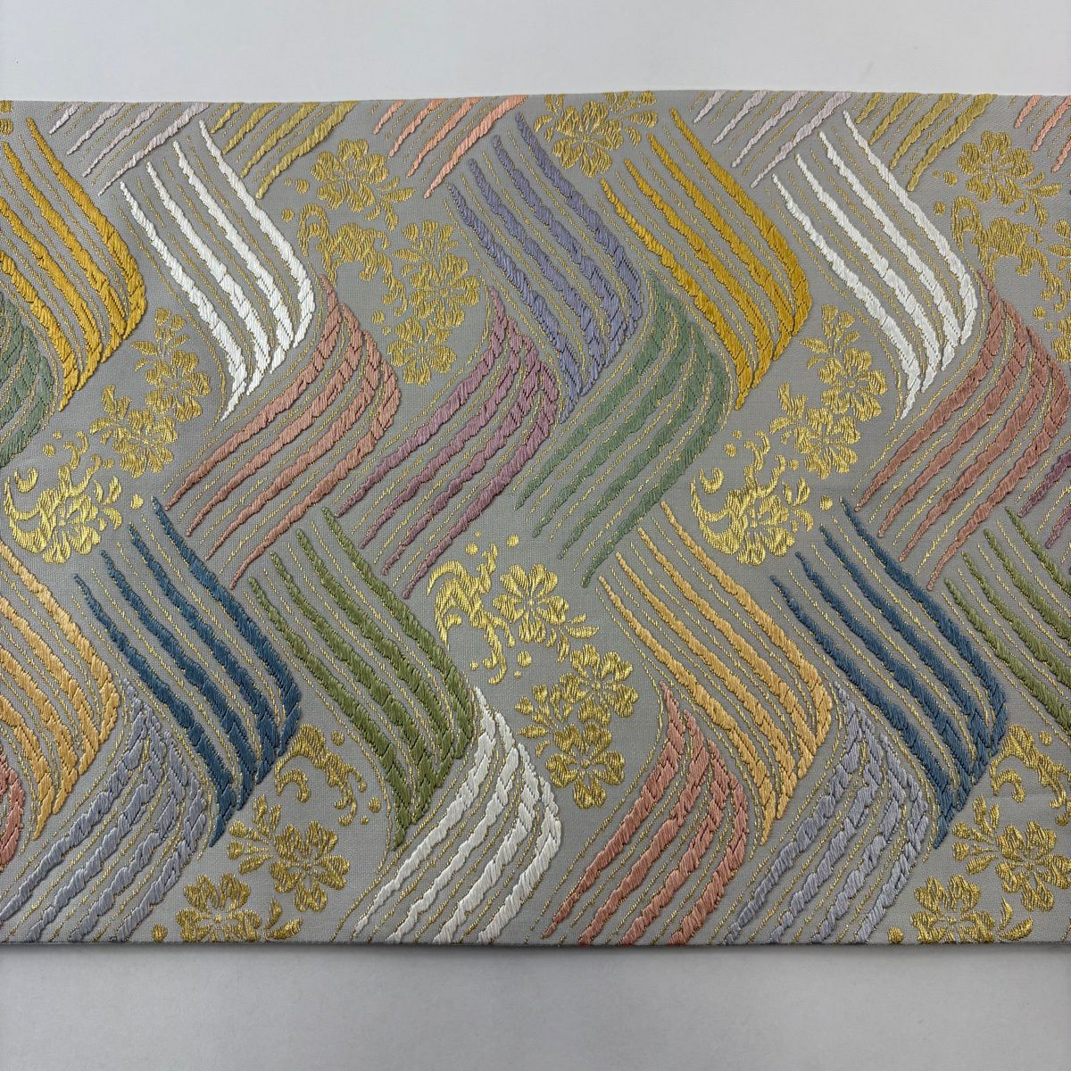 【美品】 袋帶 名品級 波櫻 金絲 唐織 灰綠 六通 純蠶絲
