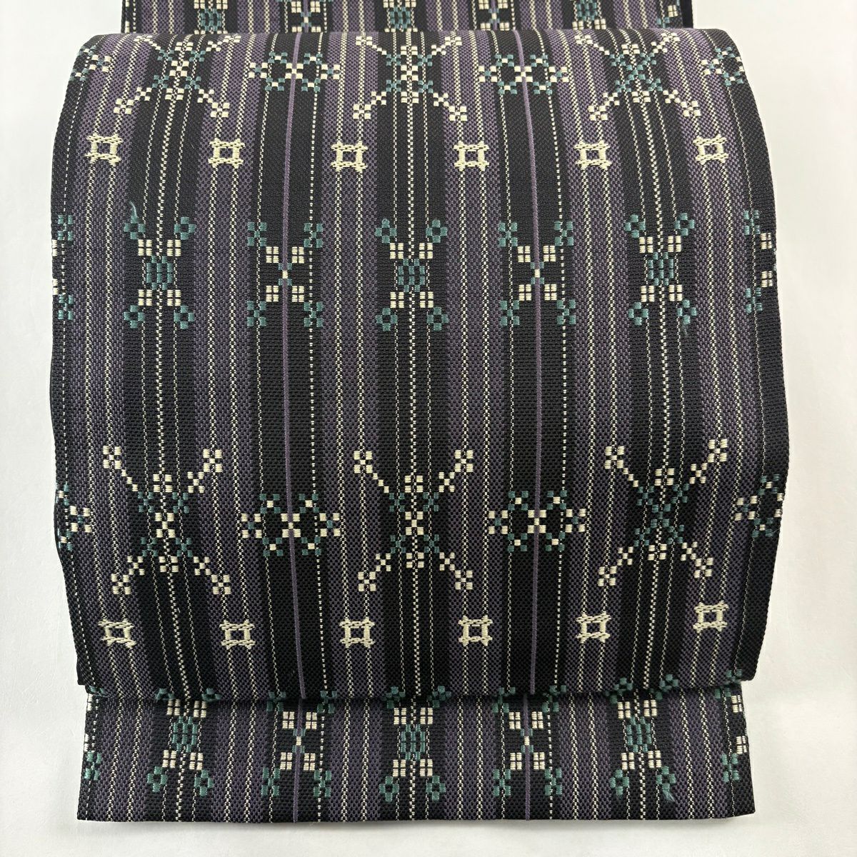 【美品】 袋帶 名品級 縞 幾何圖案 紫 六通 純蠶絲