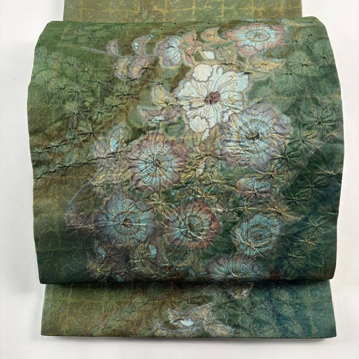 【美品】 袋帶 名品級 辻花染 金通 灰綠 お太鼓圖案 純蠶絲