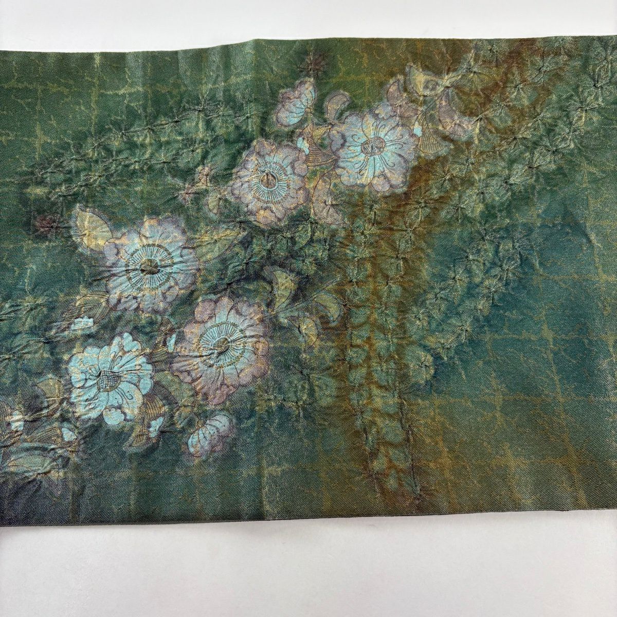 【美品】 袋帶 名品級 辻花染 金通 灰綠 お太鼓圖案 純蠶絲