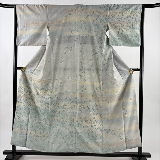 訪問服 身長155.5cm 袖長64.5cm M 雙層 牛首紬織織＊ 落款有 枝花 霞 漸層 薄綠 純蠶絲 逸品級