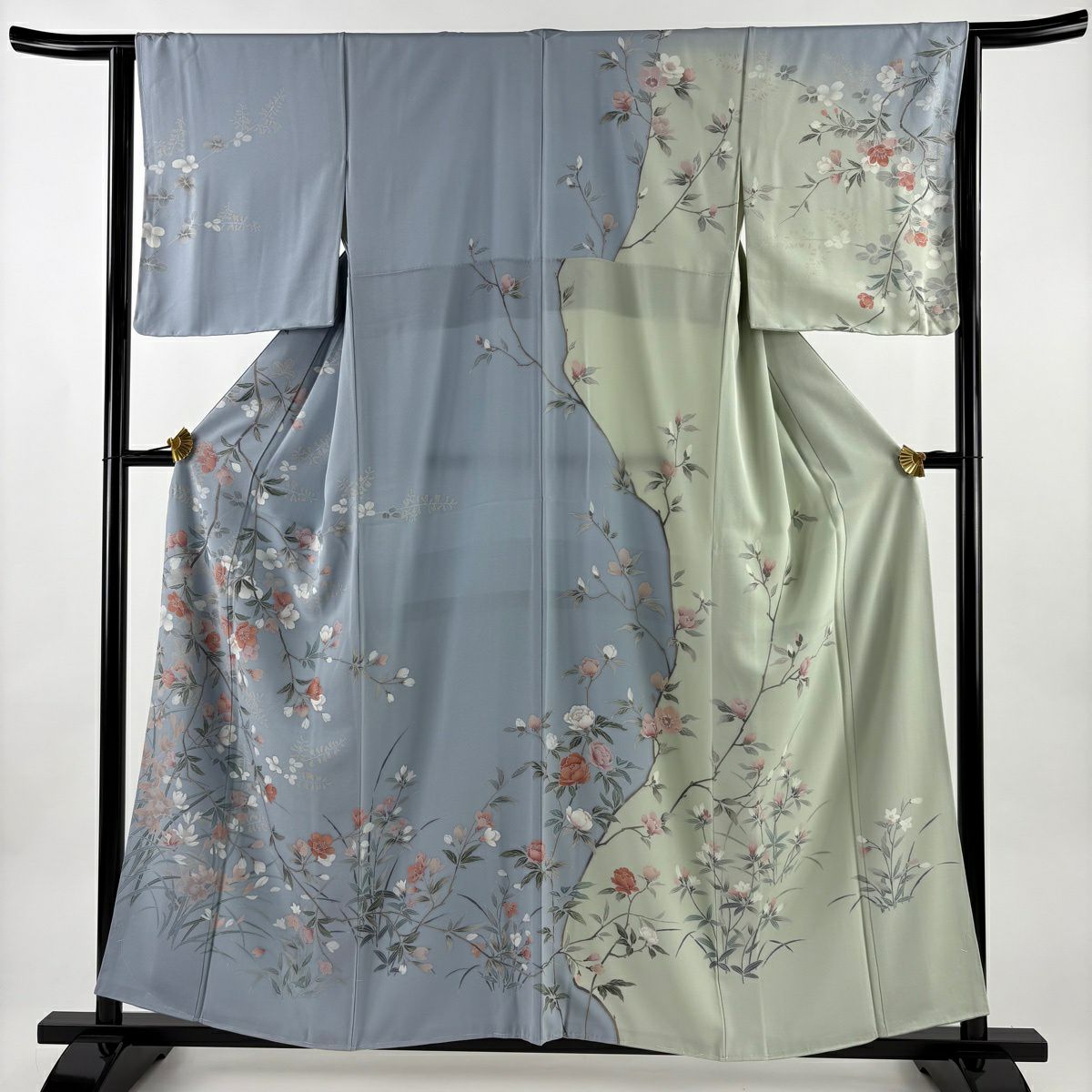 訪問服 身長157.5cm 袖長64cm M 雙層 枝花 萩 染分 青灰 純蠶絲 逸品級