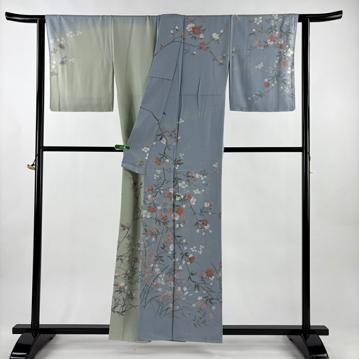 訪問服 身長157.5cm 袖長64cm M 雙層 枝花 萩 染分 青灰 純蠶絲 逸品級