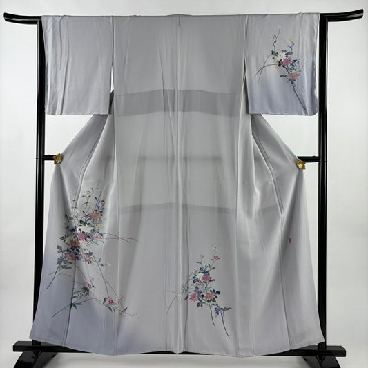 付下 身長158.5cm 袖長64cm M 雙層 岡本幸治 落款あり 菊花 草花紋紋 灰 純蠶絲 逸品級